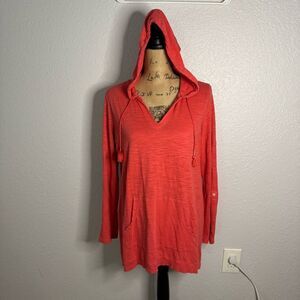 J Jill Tab Sleeve Hoodie Shirt Cotton Red Size S Pocket Casual Relaxed Fit